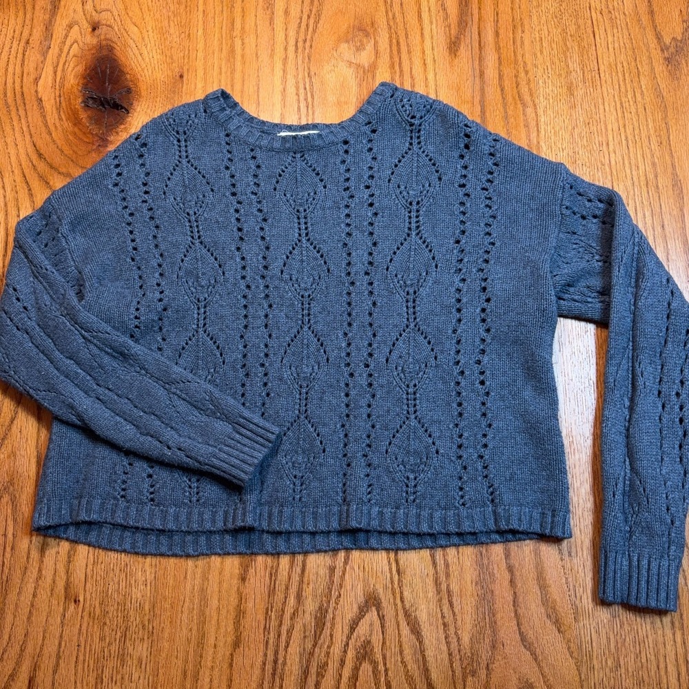 Lovestitch Sweater Womens M/L Crochet Knit‎ Blue Crop Long Sleeve